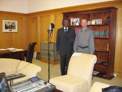Mr Buthelezi with Henk Steenkamp (sound engineer Music@Work) in his office at parliament where his contribution was recorded